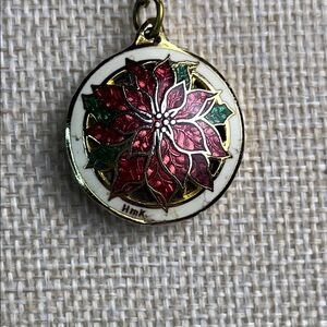 Heavy HMK Signed Cloisonné Poinsettia Pendant Necklace On 26" Chain